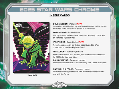 Star Wars Chrome trading card with character illustration and text about card features.