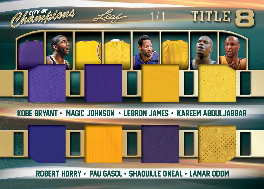 2026 Leaf City of Champions Kobe Bryant/Magic Johnson/Lebron James/Kareem Abdul-Jabbar/Robert Horry/Pau Gasol/Shaquille O'Neal/Lamar Odom Title 8 Memorabilia Card