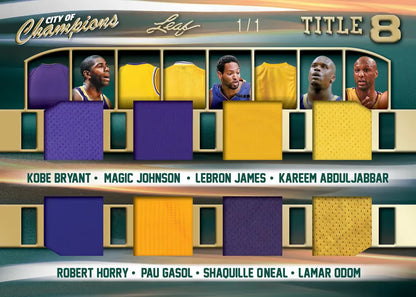 2026 Leaf City of Champions Kobe Bryant/Magic Johnson/Lebron James/Kareem Abdul-Jabbar/Robert Horry/Pau Gasol/Shaquille O'Neal/Lamar Odom Title 8 Memorabilia Card