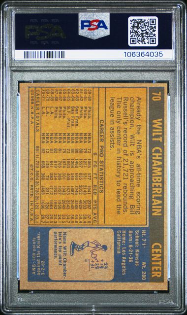 1971 Topps #70 Wilt Chamberlain PSA 4 - Back