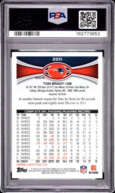 2012 Topps Chrome X-Fractor #220 Tom Brady PSA 10 - Back