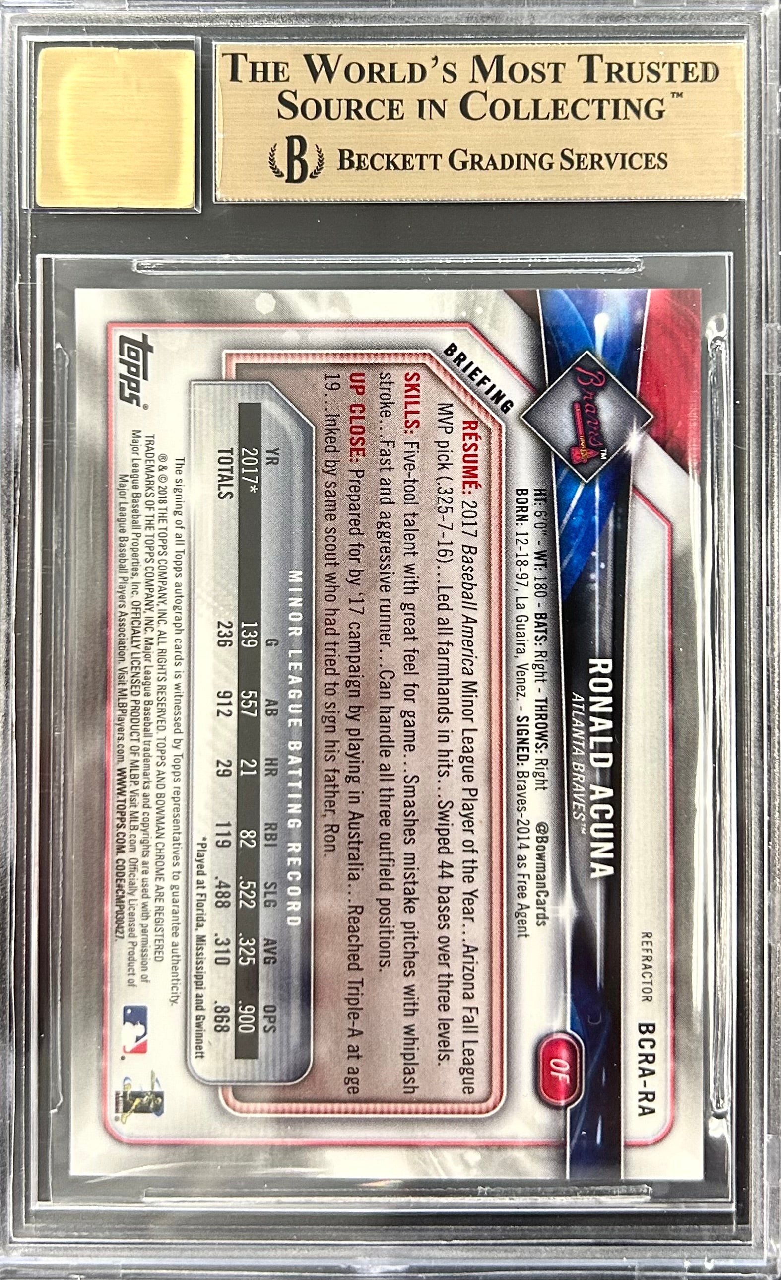 2018 Bowman Chrome Rookie Autographs Refractor #BCRA-RA Ronald Acuna BGS 9.5 / Auto 10