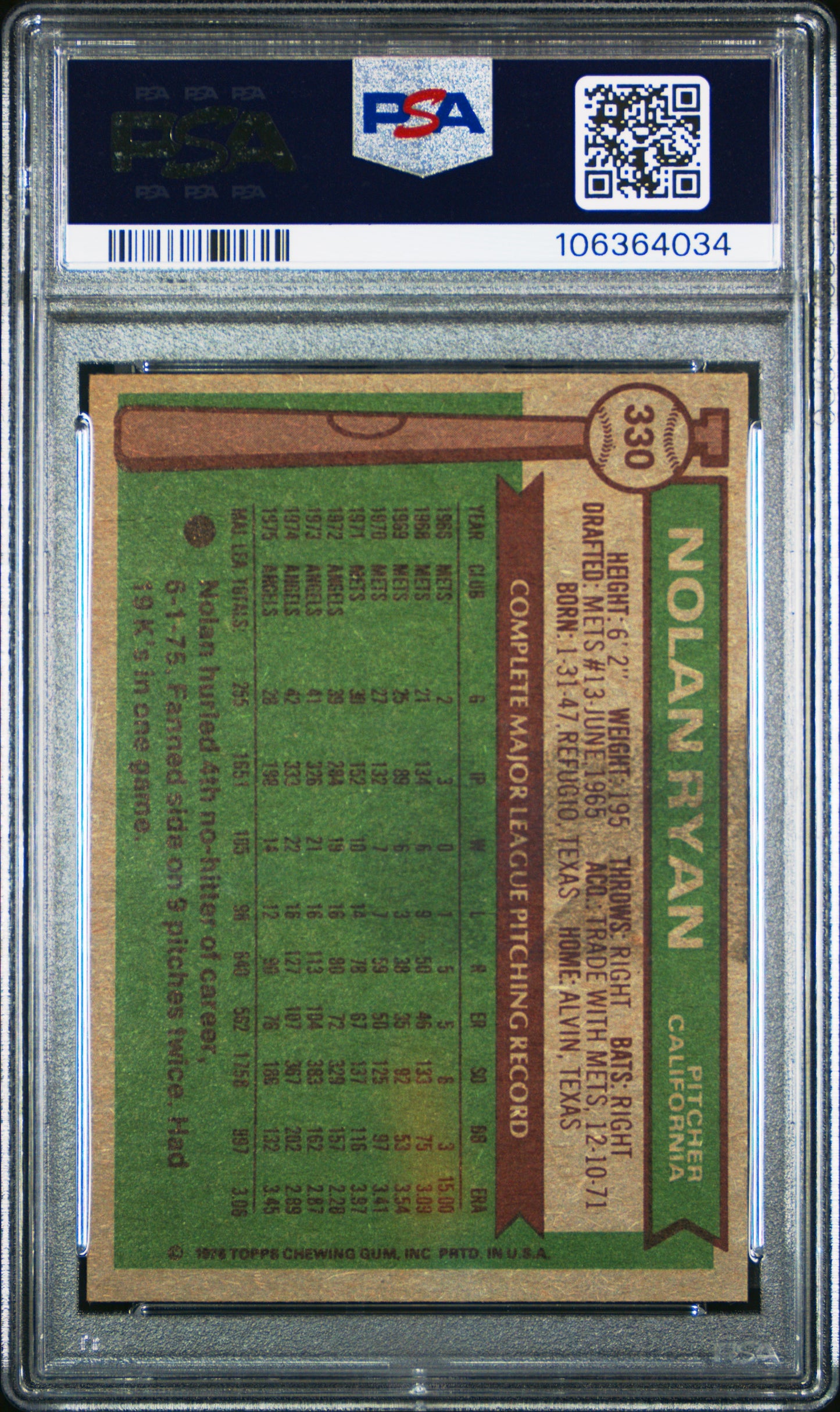 1976 Topps #330 Nolan Ryan PSA 6
