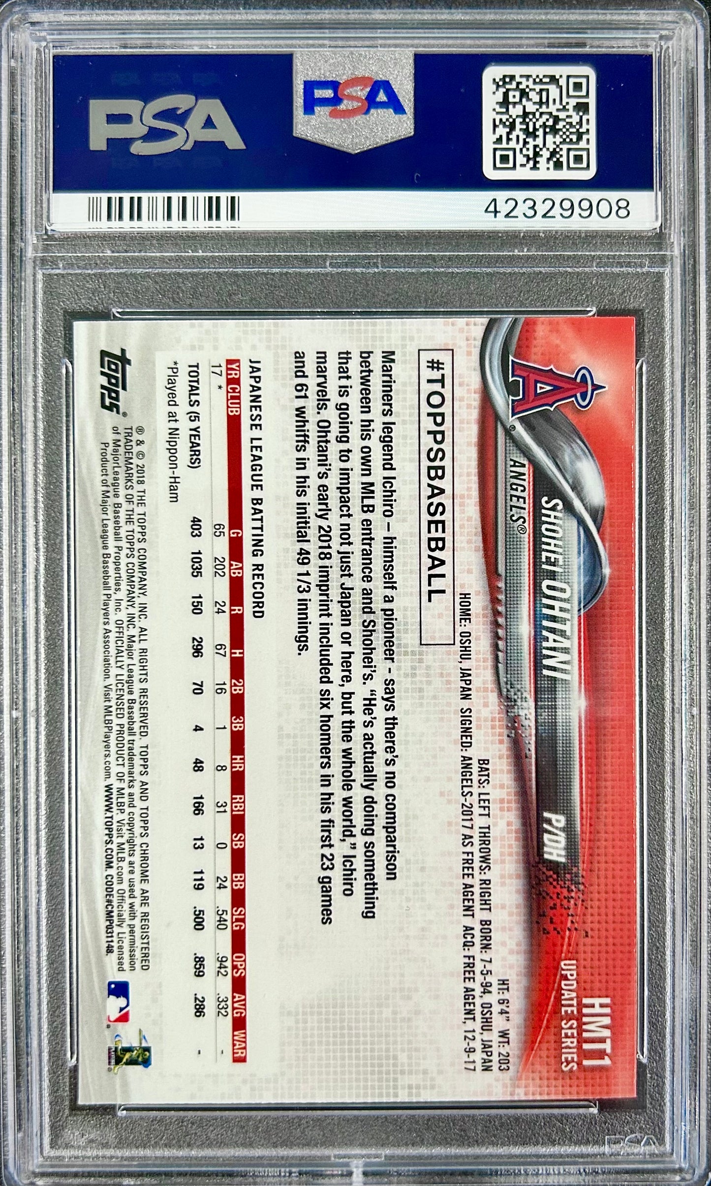 2018 Topps Chrome Update #HMT1 Shohei Ohtani PSA 10