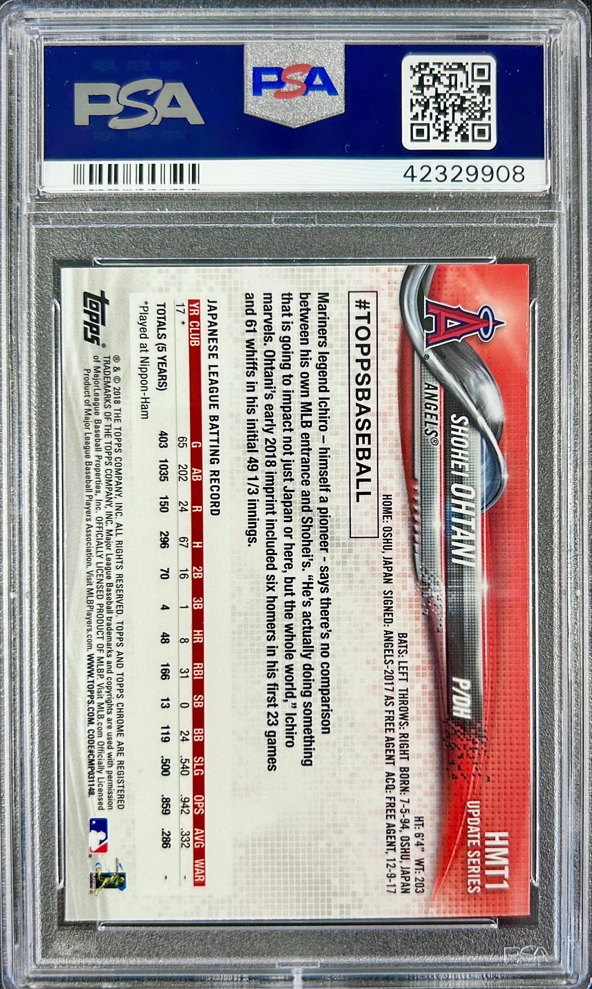 2018 Topps Chrome Update #HMT1 Shohei Ohtani PSA 10