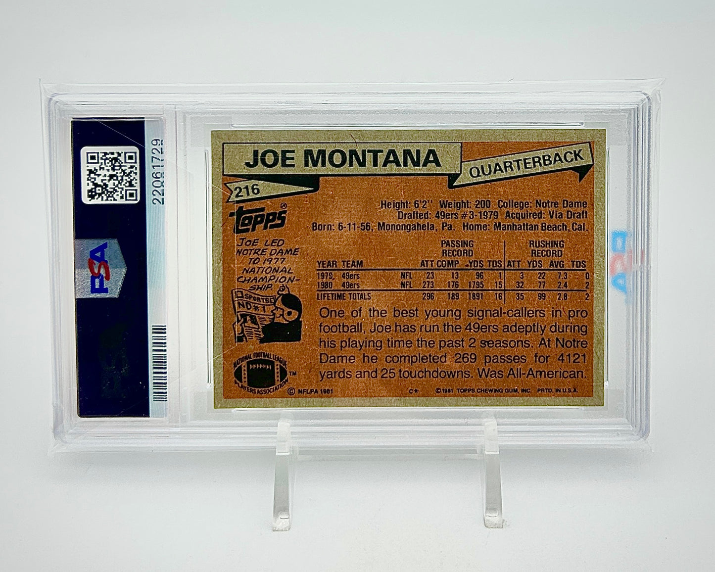 1981 Topps: #216 Joe Montana (PSA 8)