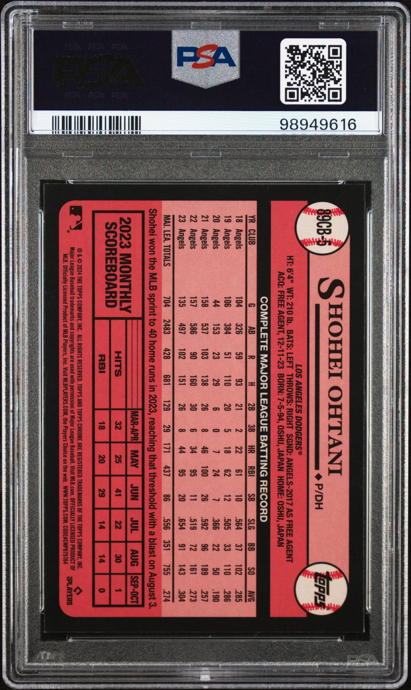 2024 Topps Chrome 1989 Topps Shohei Ohtani #89CB-5 PSA 10