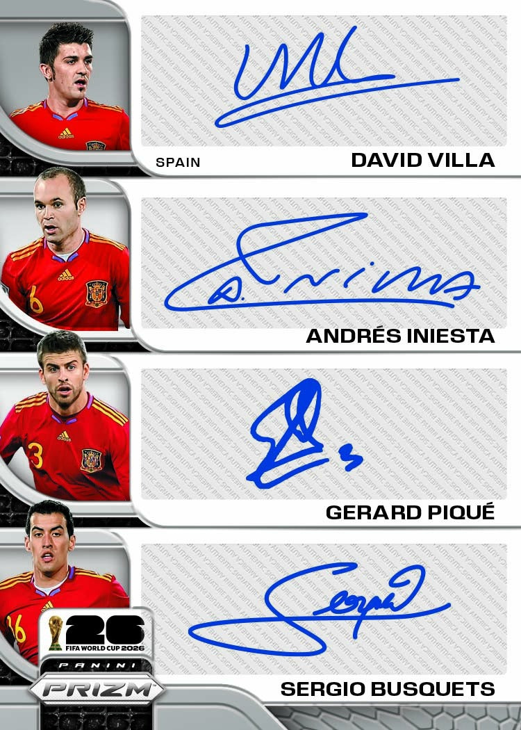 2026 Panini Prizm FIFA World Cup Soccer Quad Signature David Villa, Andres Iniesta, Gerard Pique, and Sergio Busquets