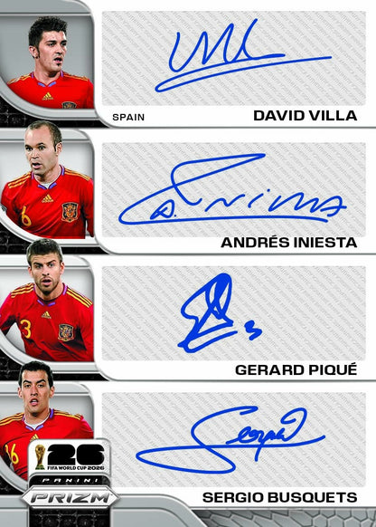 2026 Panini Prizm FIFA World Cup Soccer Quad Signature David Villa, Andres Iniesta, Gerard Pique, and Sergio Busquets
