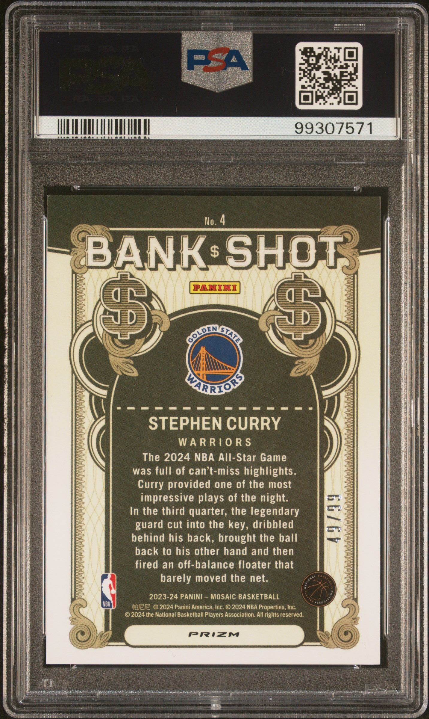 2023 Panini Mosaic Bank Shot Purple /99 Stephen Curry PSA 10 - Back