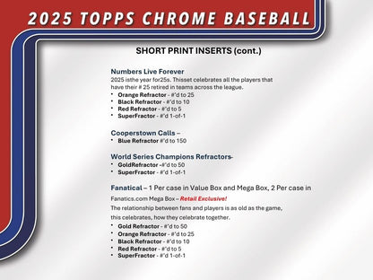 2025 Topps Chrome Baseball card with details about short print inserts on a white background.