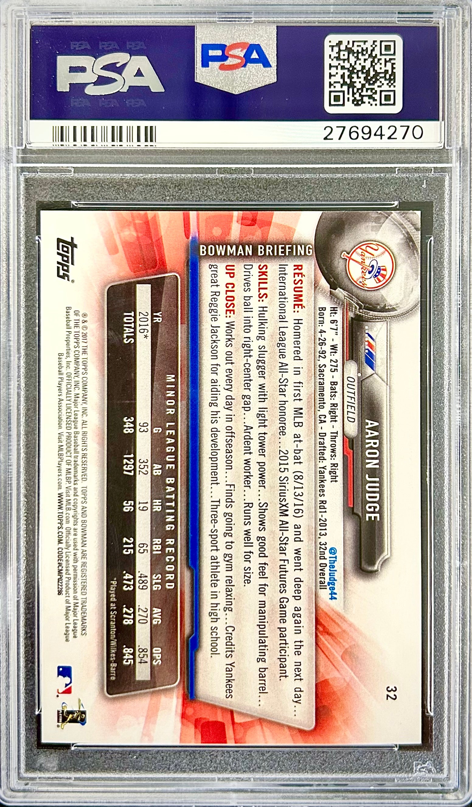 2017 Bowman #32 Aaron Judge PSA 10 (27694270)
