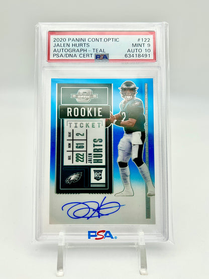 2020 Panini Contenders Optic Rookie Ticket Autograph Teal 57/99: #122 Jalen Hurts (PSA 9 / Auto 10)