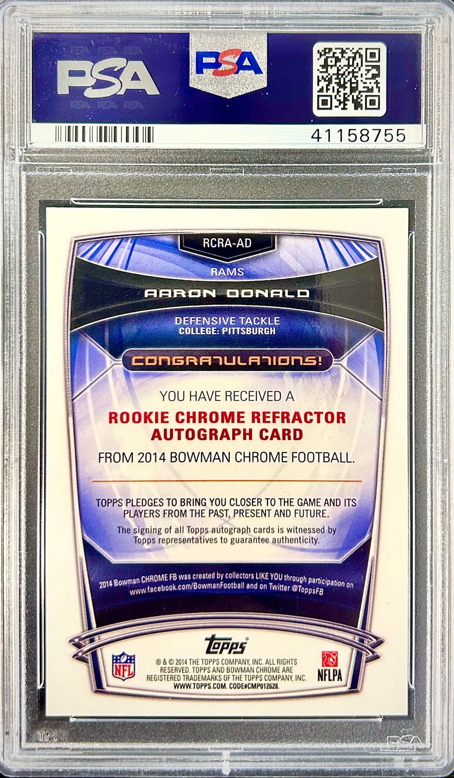 2014 Bowman Chrome Rookie Chrome Refractor Autograph #RCRA-AD Aaron Donald PSA 10
