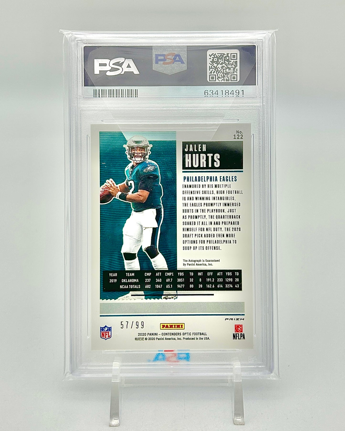 2020 Panini Contenders Optic Rookie Ticket Autograph Teal 57/99: #122 Jalen Hurts (PSA 9 / Auto 10)