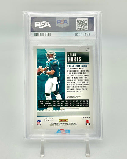 2020 Panini Contenders Optic Rookie Ticket Autograph Teal 57/99: #122 Jalen Hurts (PSA 9 / Auto 10)