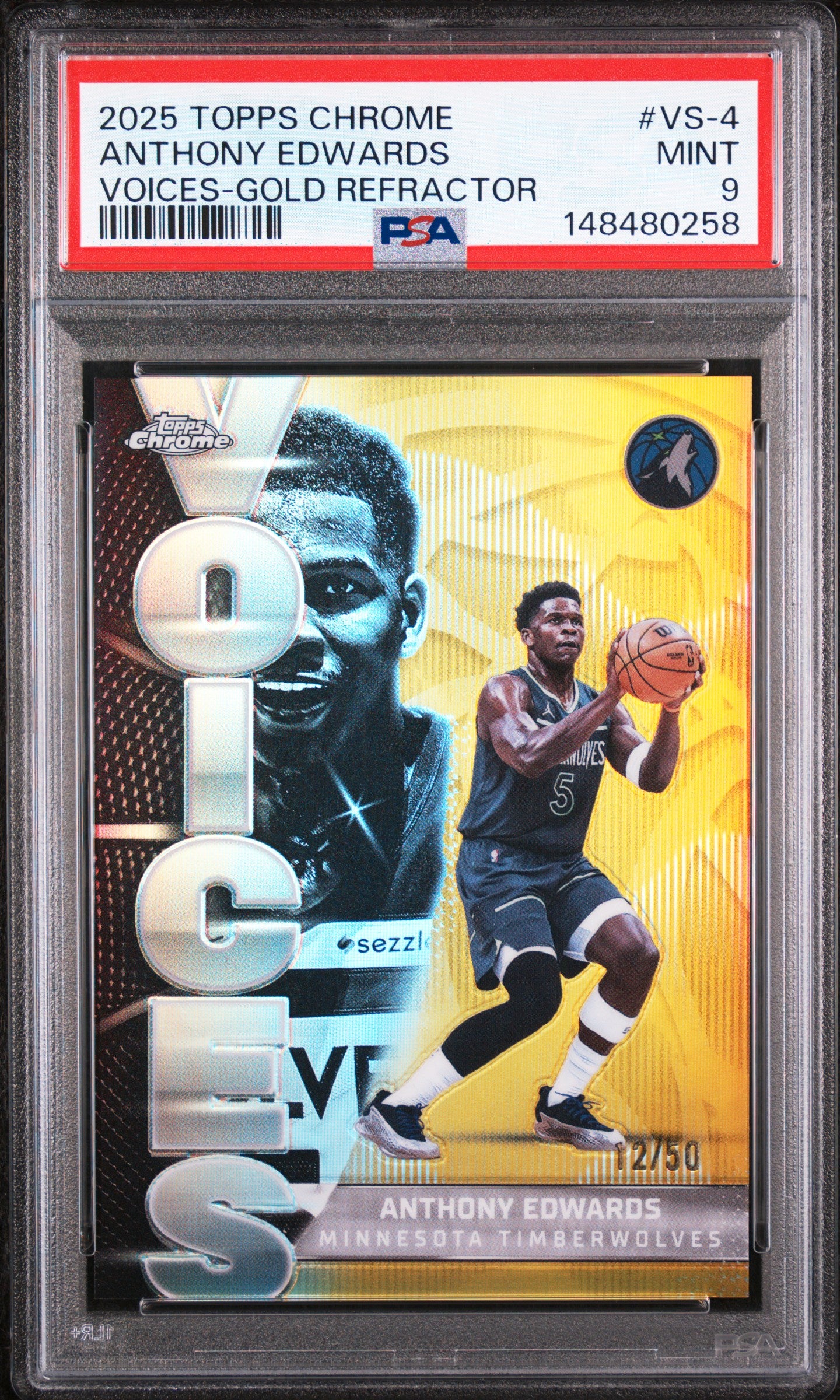 2025 Topps Chrome Voices Gold Refractor /50 #VS-4 Anthony Edwards PSA 9