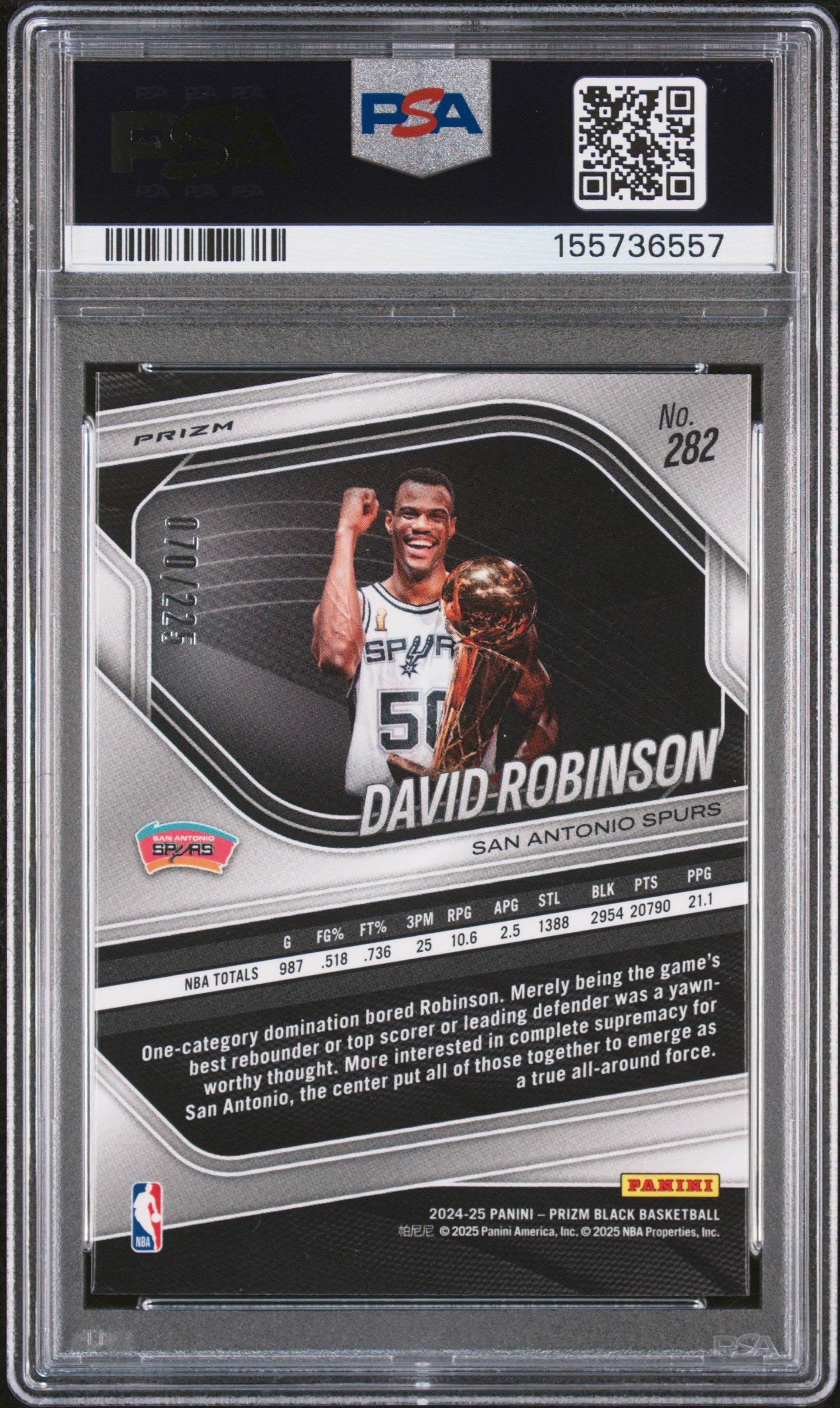 2024 Panini Prizm Black Basketball Prizm /225 #282 David Robinson PSA 10