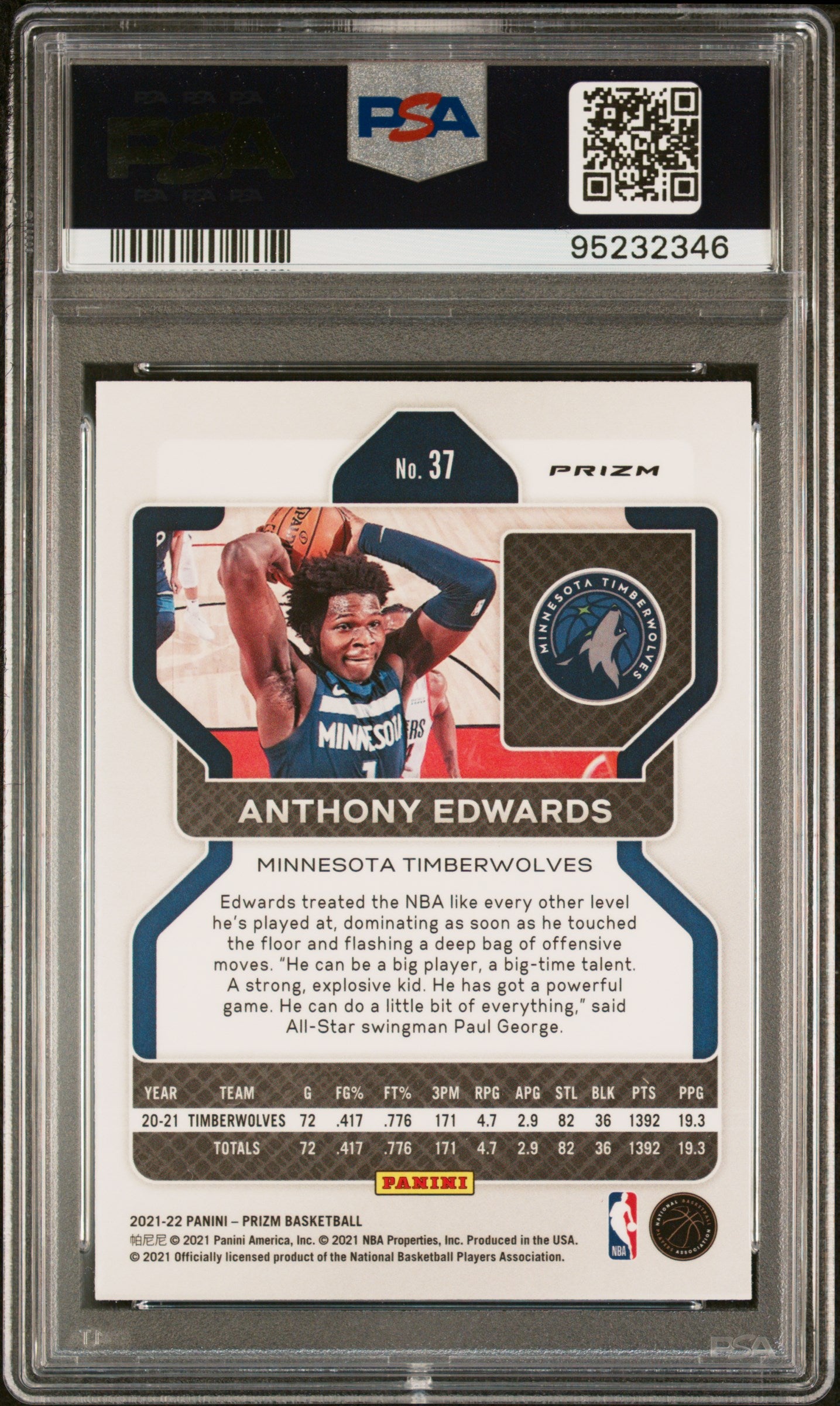 2021 Panini Prizm Factory Set Exclusive Silver Wave #37 Anthony Edwards PSA 10