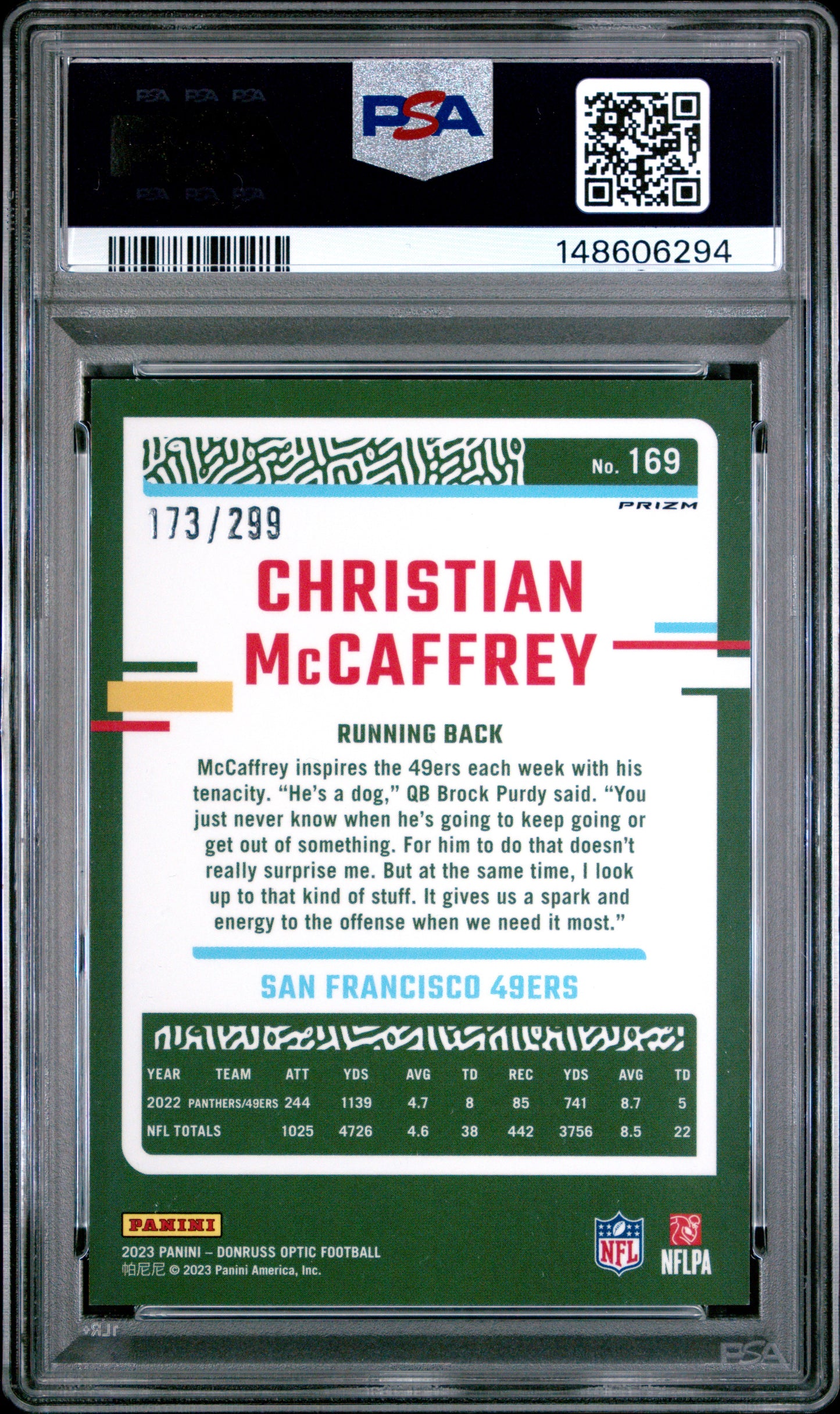 2023 Panini Donruss Optic Aqua /299 #169 Christian McCaffrey PSA 9