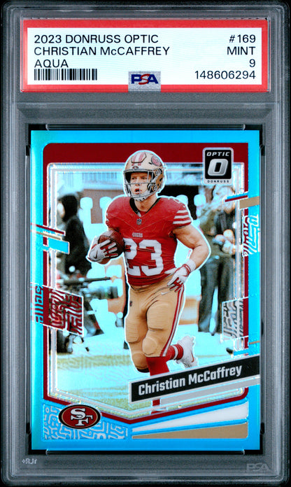 2023 Panini Donruss Optic Aqua /299 #169 Christian McCaffrey PSA 9