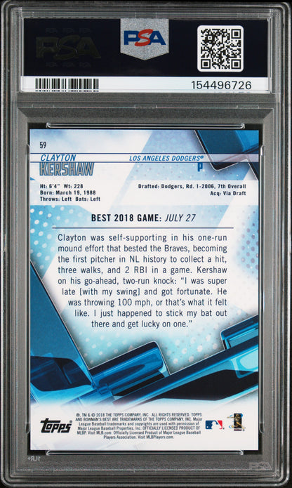 2018 Bowman's Best Atomic Refractor #59 Clayton Kershaw PSA 10