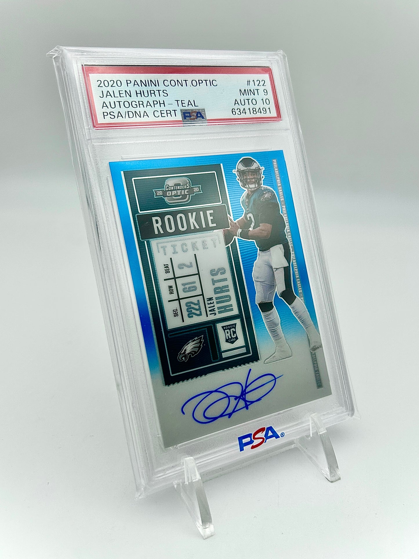 2020 Panini Contenders Optic Rookie Ticket Autograph Teal 57/99: #122 Jalen Hurts (PSA 9 / Auto 10)