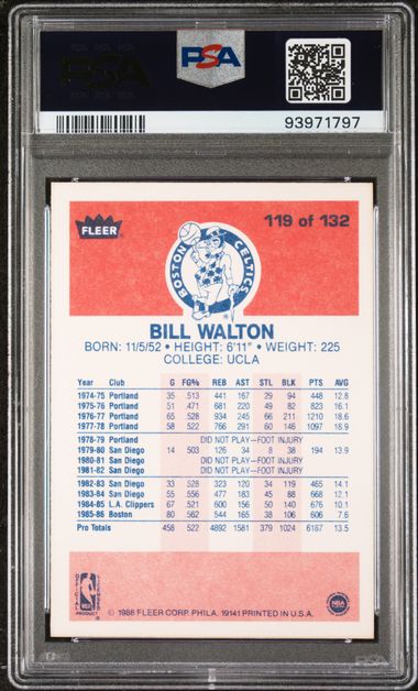 1986 Fleer #119 Bill Walton PSA 8 - Back