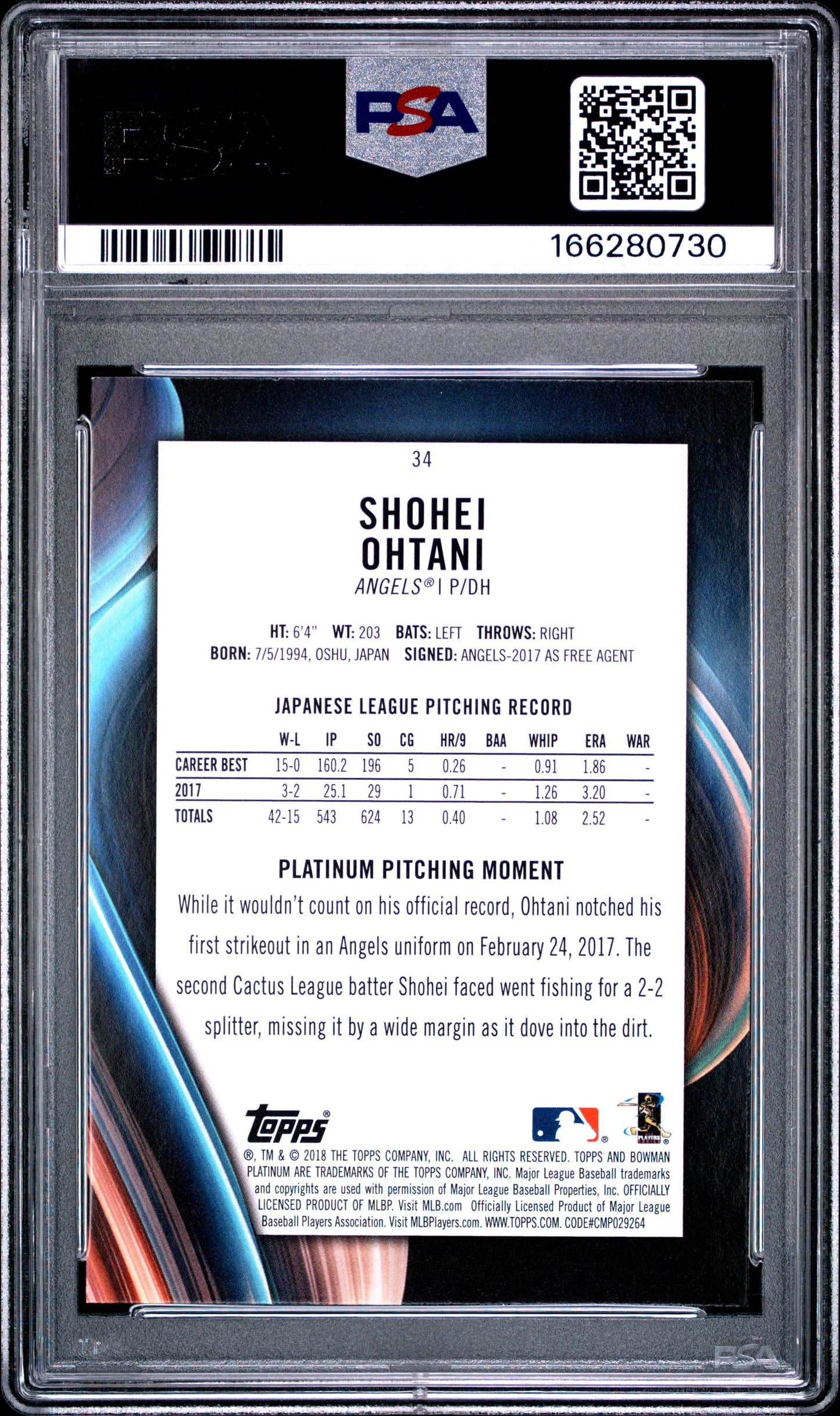 2018 Bowman Platinum With Glove #34 Shohei Ohtani PSA 9