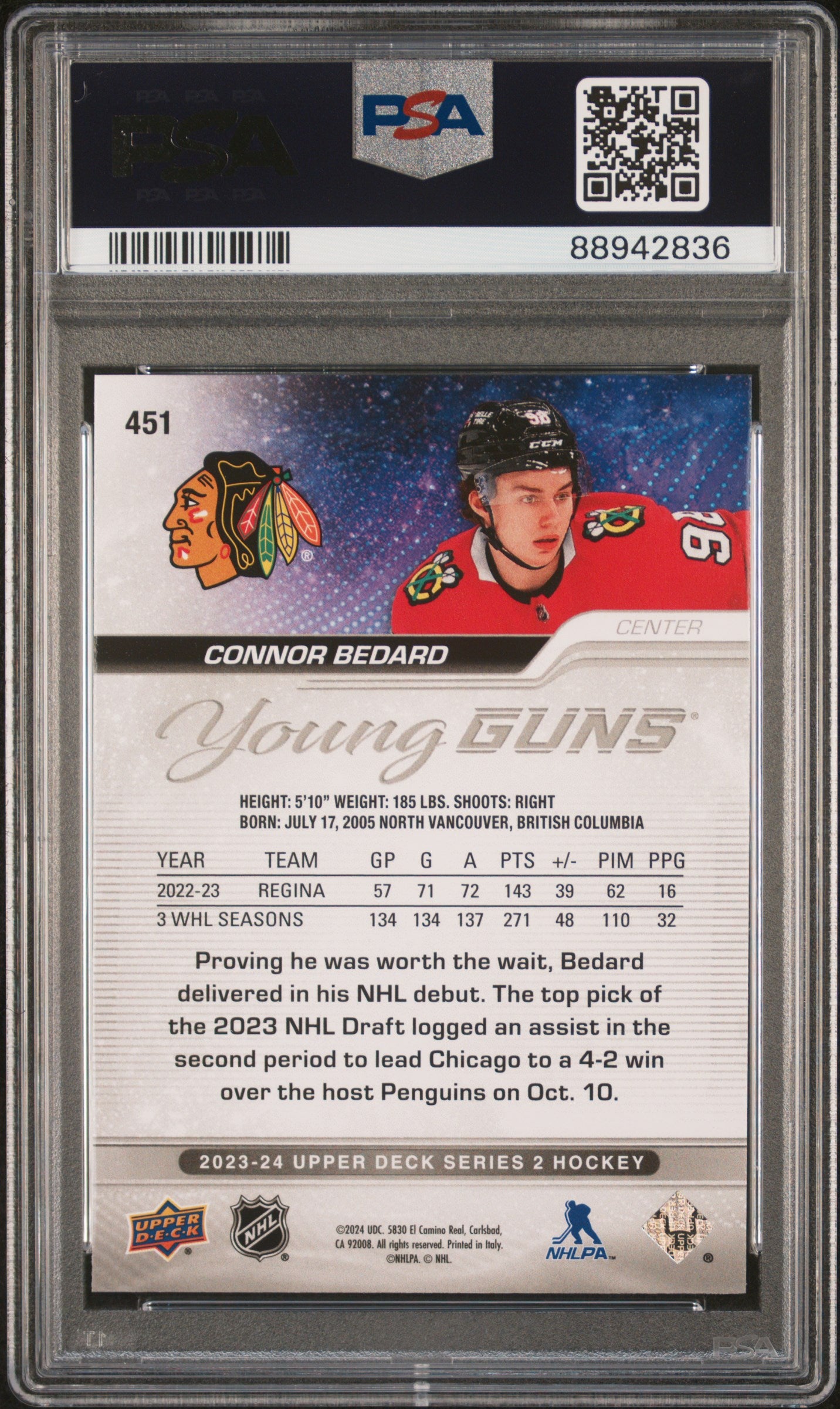 2023 Upper Deck Young Guns #451 Connor Bedard PSA 10