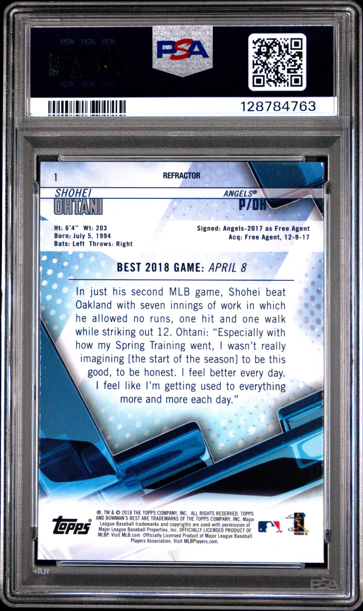 2018 Bowman's Best Refractor #1 Shohei Ohtani PSA 10