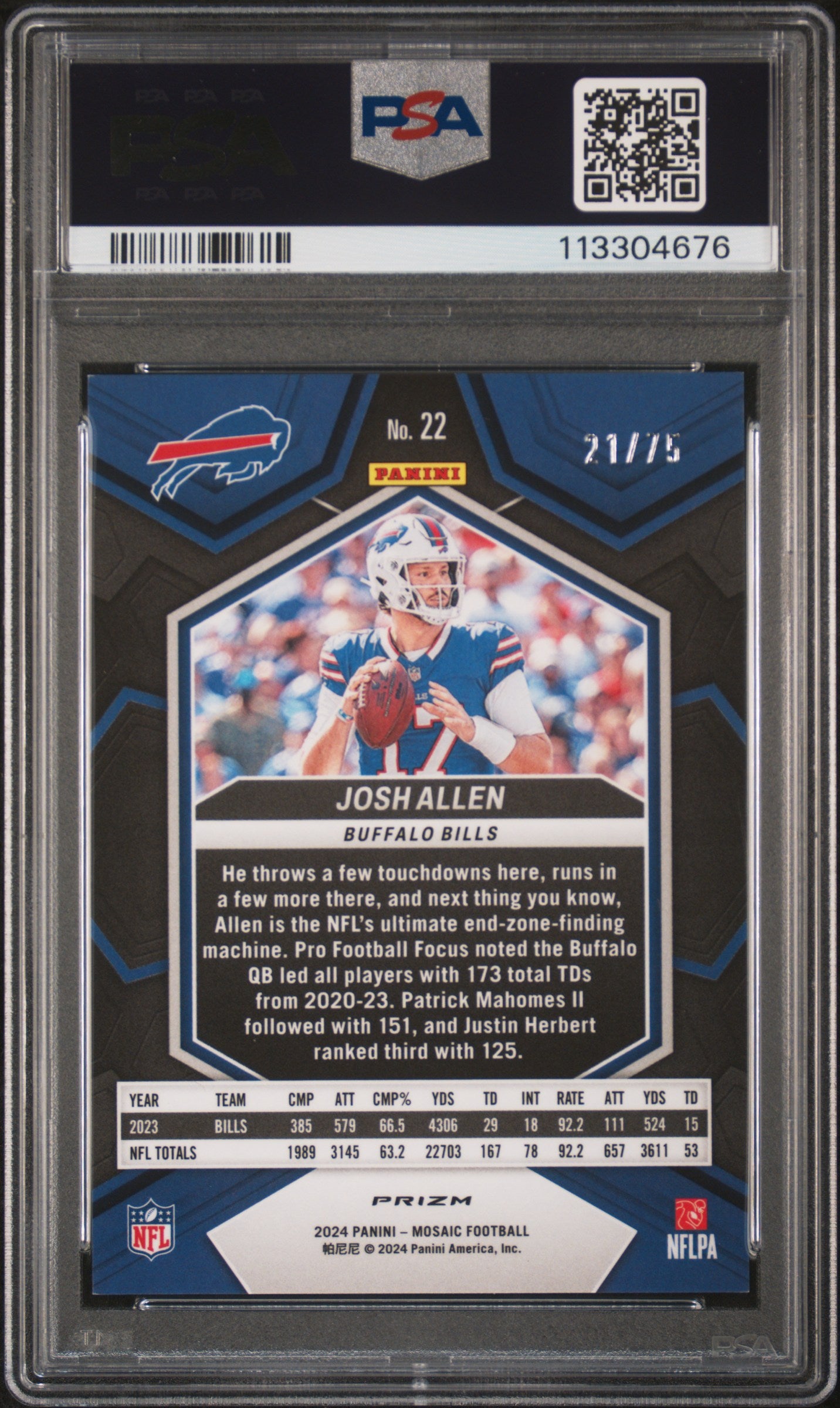 2024 Panini Mosaic Blue No Huddle /75 #22 Josh Allen PSA 10