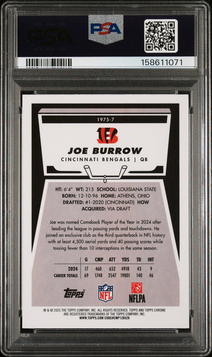2025 Topps Chrome 1975 Topps Blue Refractor /150 #7 Joe Burrow PSA 9