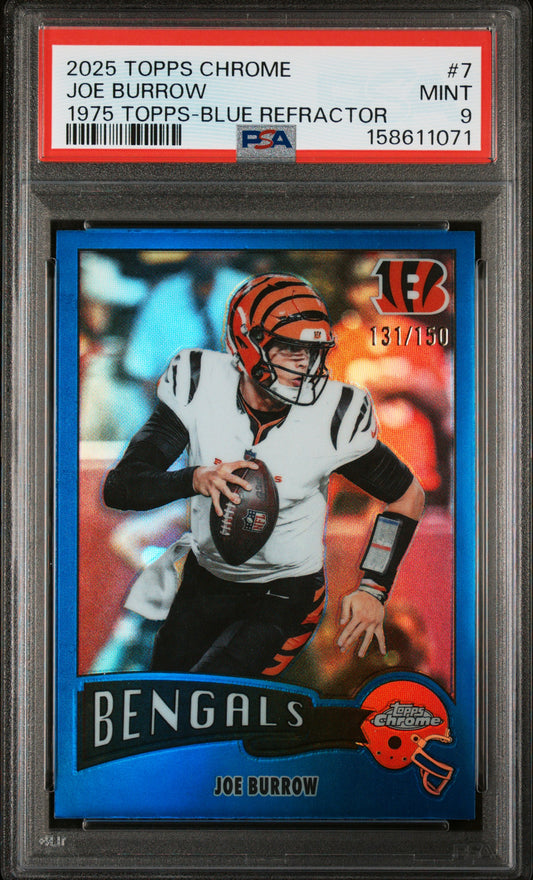 2025 Topps Chrome 1975 Topps Blue Refractor /150 #7 Joe Burrow PSA 9