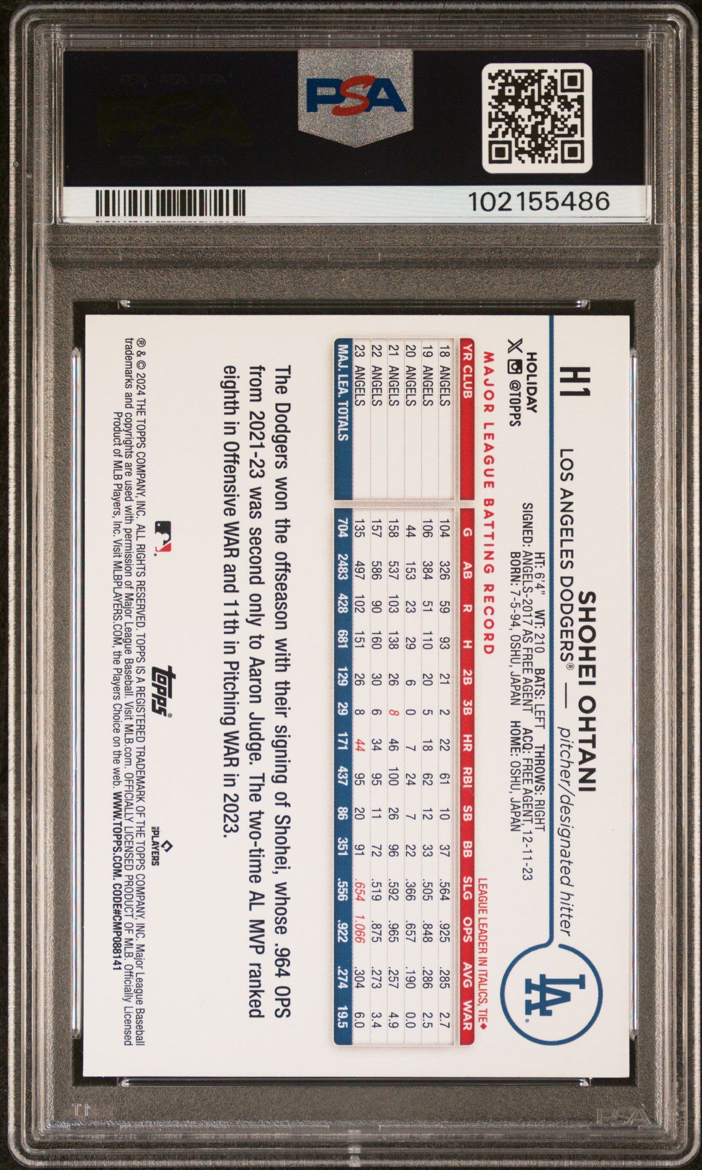 2024 Topps Holiday Blue Metallic Glitter #H1 Shohei Ohtani PSA 10