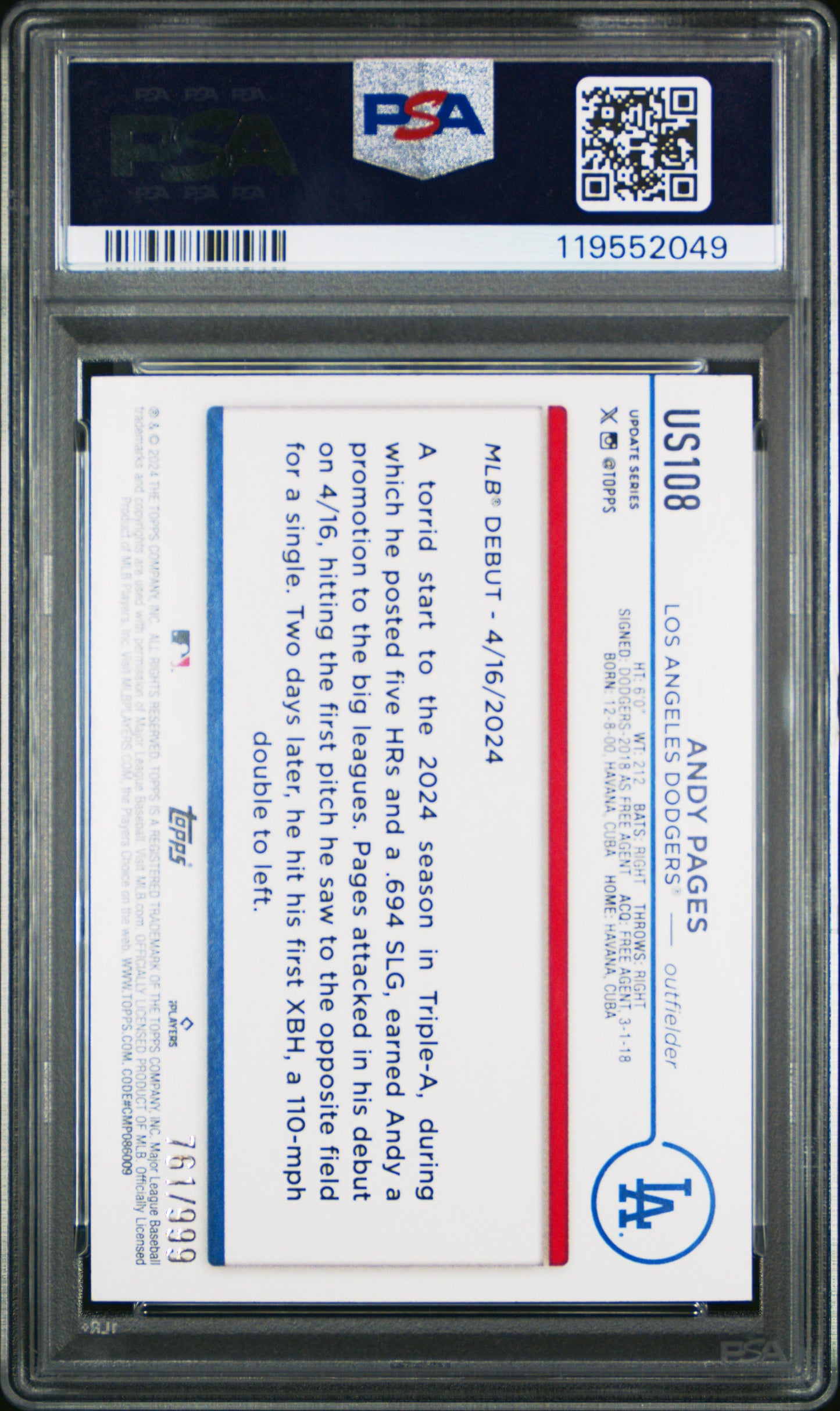 2024 Topps Update Blue Holo Foilboard /999 #US108 Andy Pages PSA 9