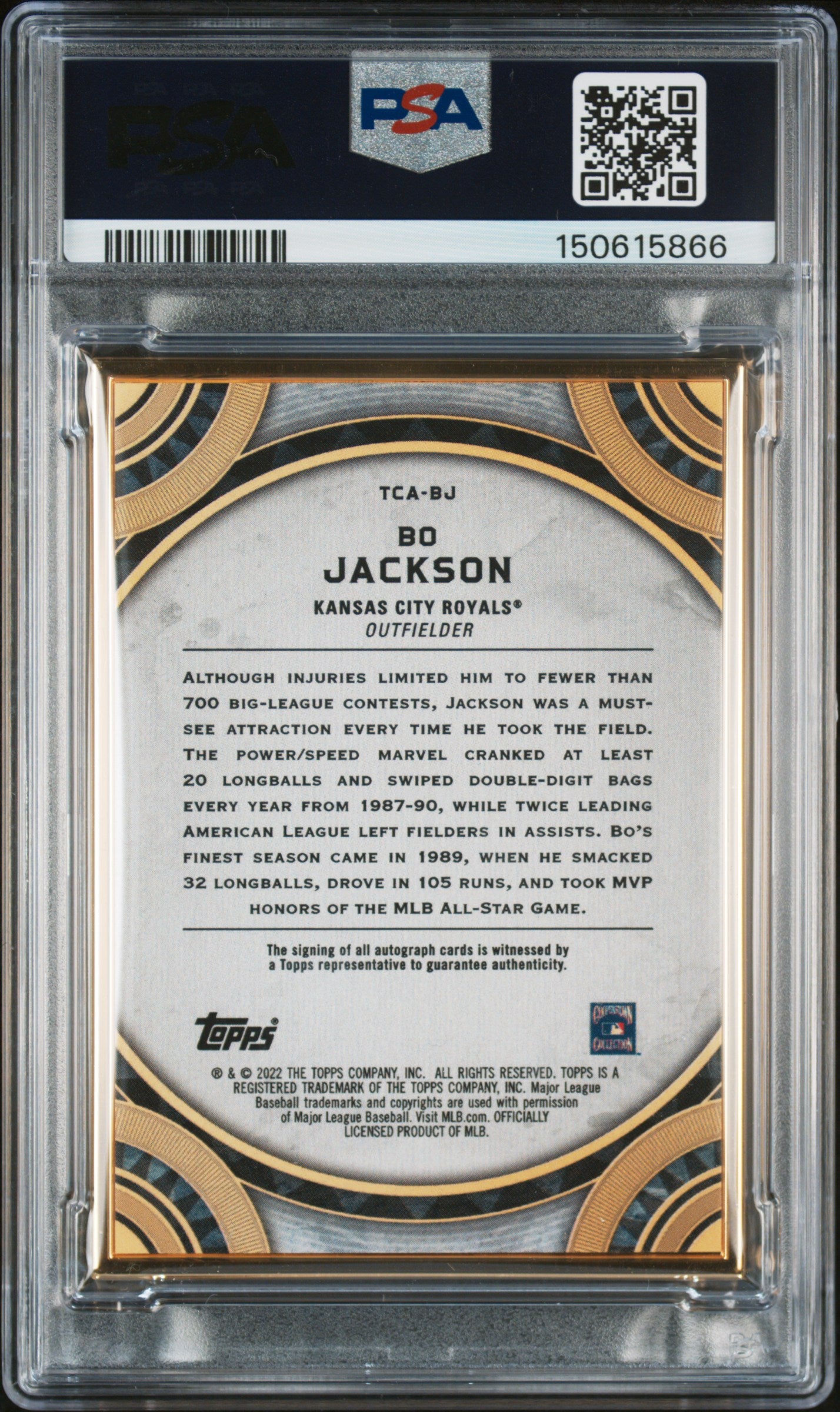 Back side of 2022 Topps Transcendent Transcendent Collection Auto /20 Bo Jackson #TCA-BJ PSA 9