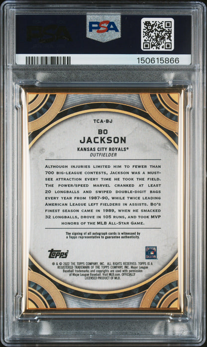 Back side of 2022 Topps Transcendent Transcendent Collection Auto /20 Bo Jackson #TCA-BJ PSA 9