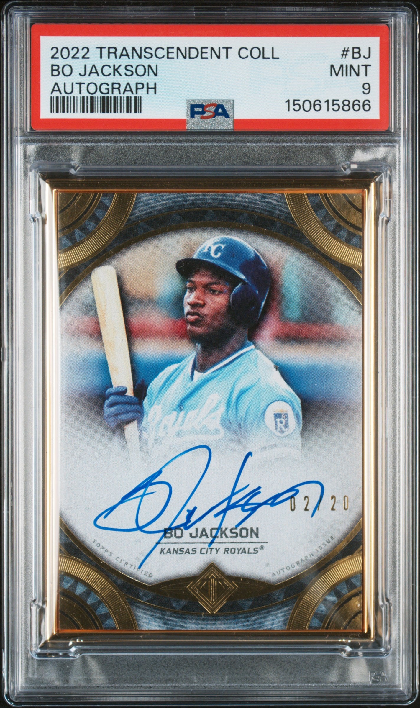 Front side of 2022 Topps Transcendent Transcendent Collection Auto /20 Bo Jackson #TCA-BJ PSA 9