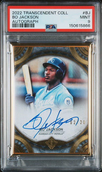 Front side of 2022 Topps Transcendent Transcendent Collection Auto /20 Bo Jackson #TCA-BJ PSA 9