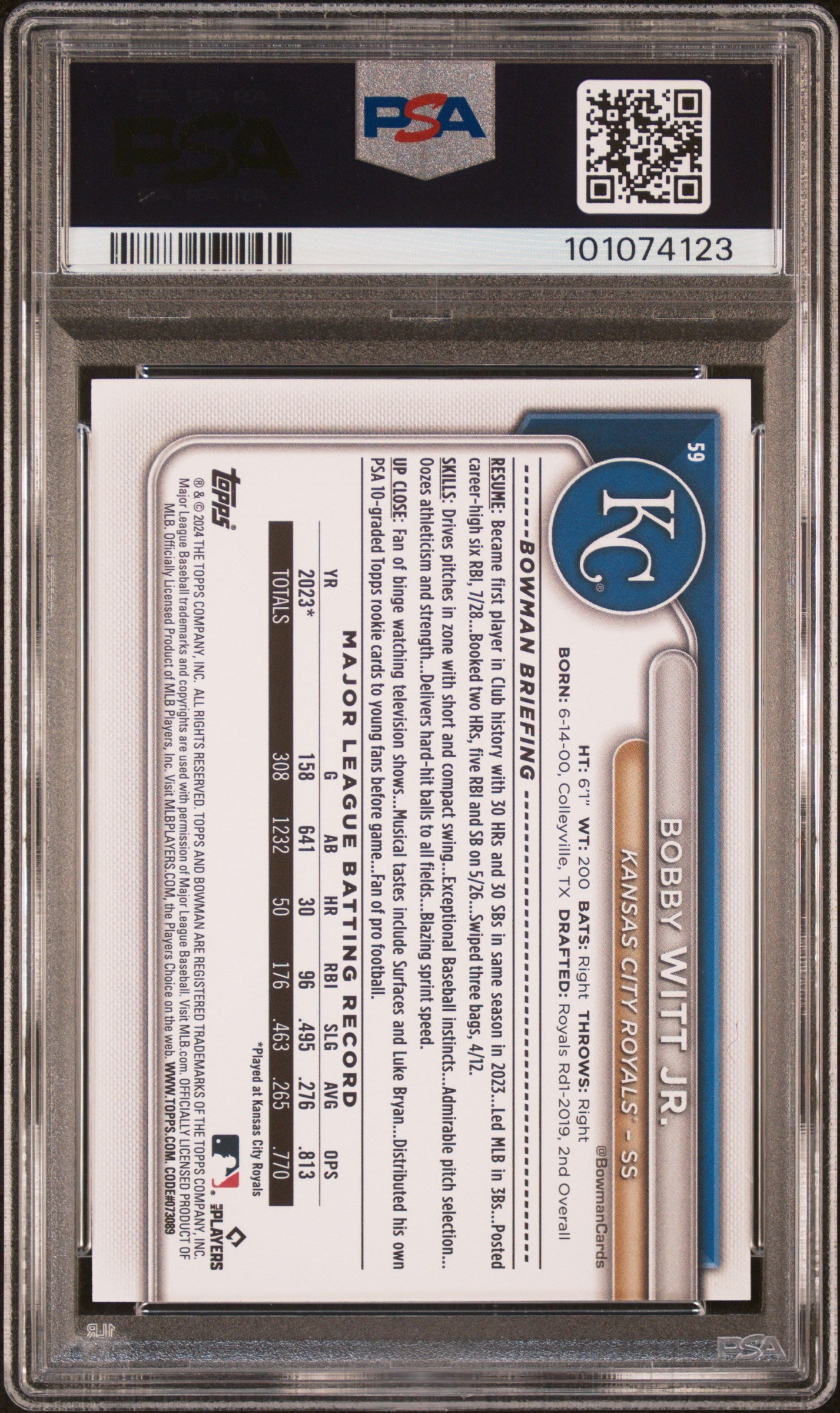 Back side of 2024 Bowman Sky Blue /499 #59 Bobby Witt Jr. PSA 10