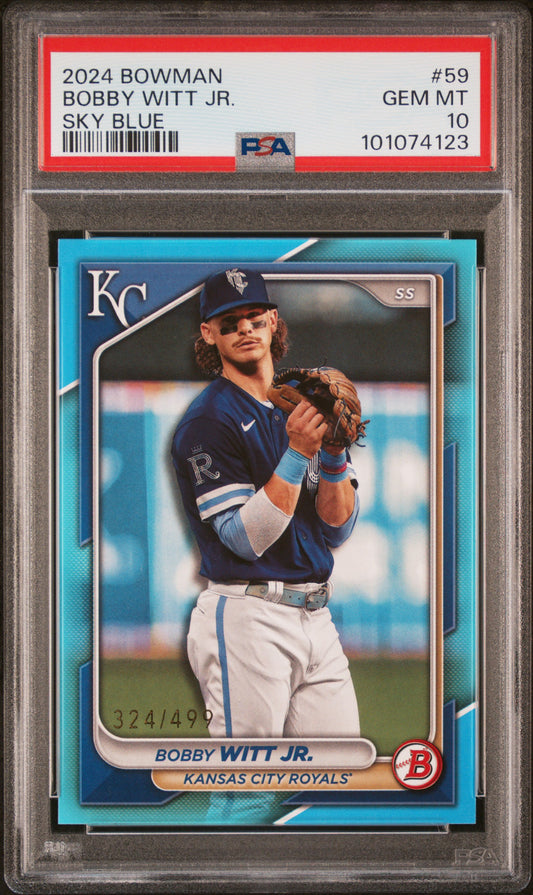 Front side of 2024 Bowman Sky Blue /499 #59 Bobby Witt Jr. PSA 10