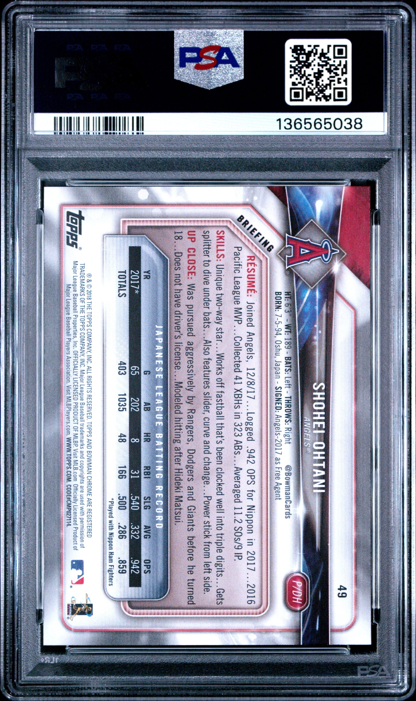 2018 Bowman #49 Shohei Ohtani PSA 9