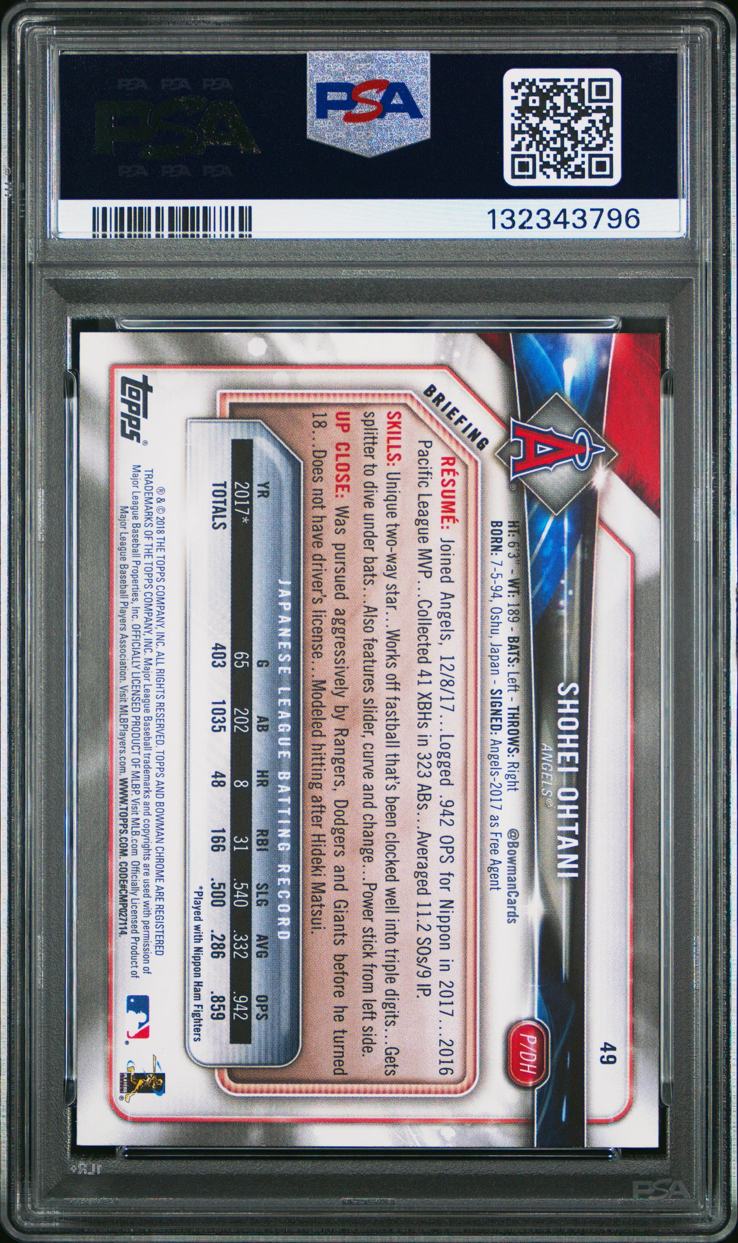2018 Bowman #49 Shoehei Ohtani PSA 8