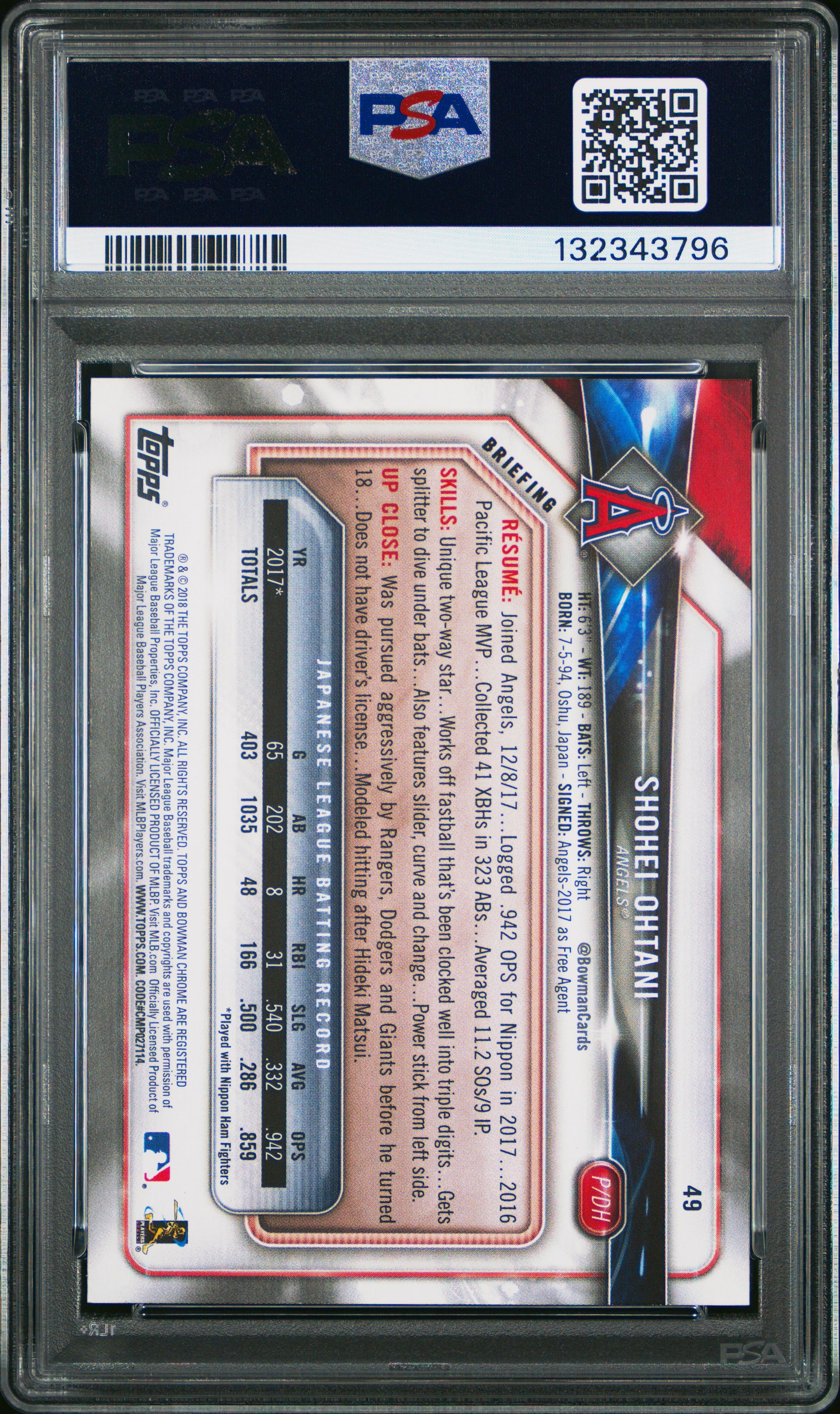 2018 Bowman #49 Shoehei Ohtani PSA 8