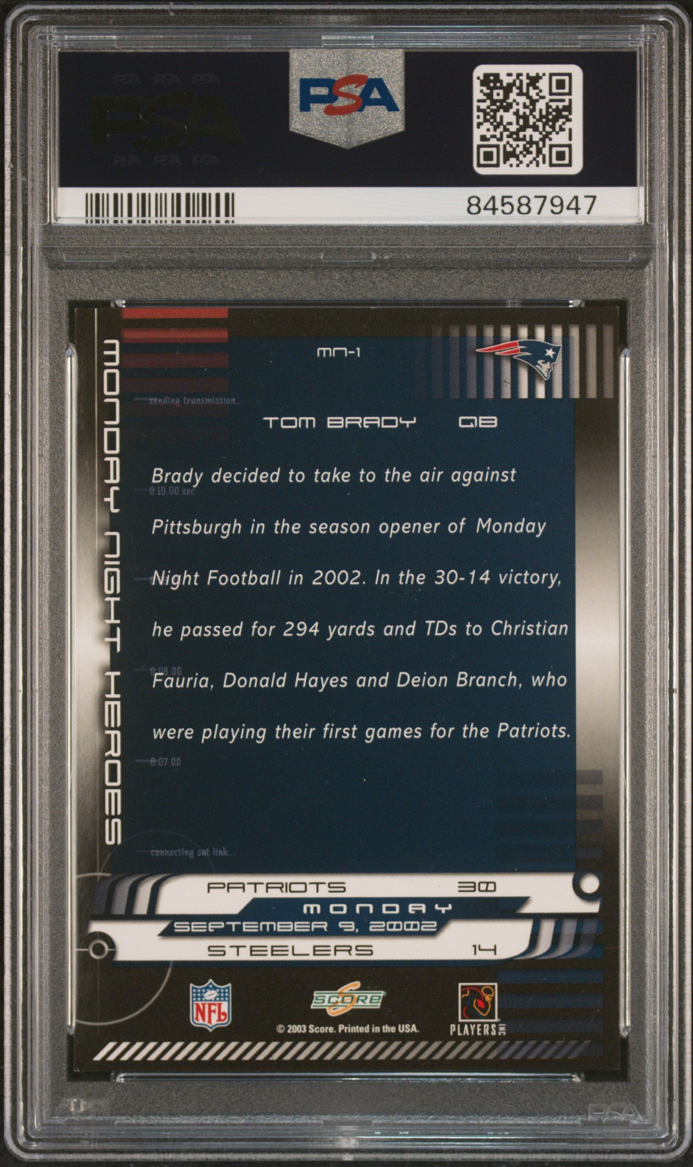2003 Score Monday Night Heroes #MN-1 Tom Brady PSA 8