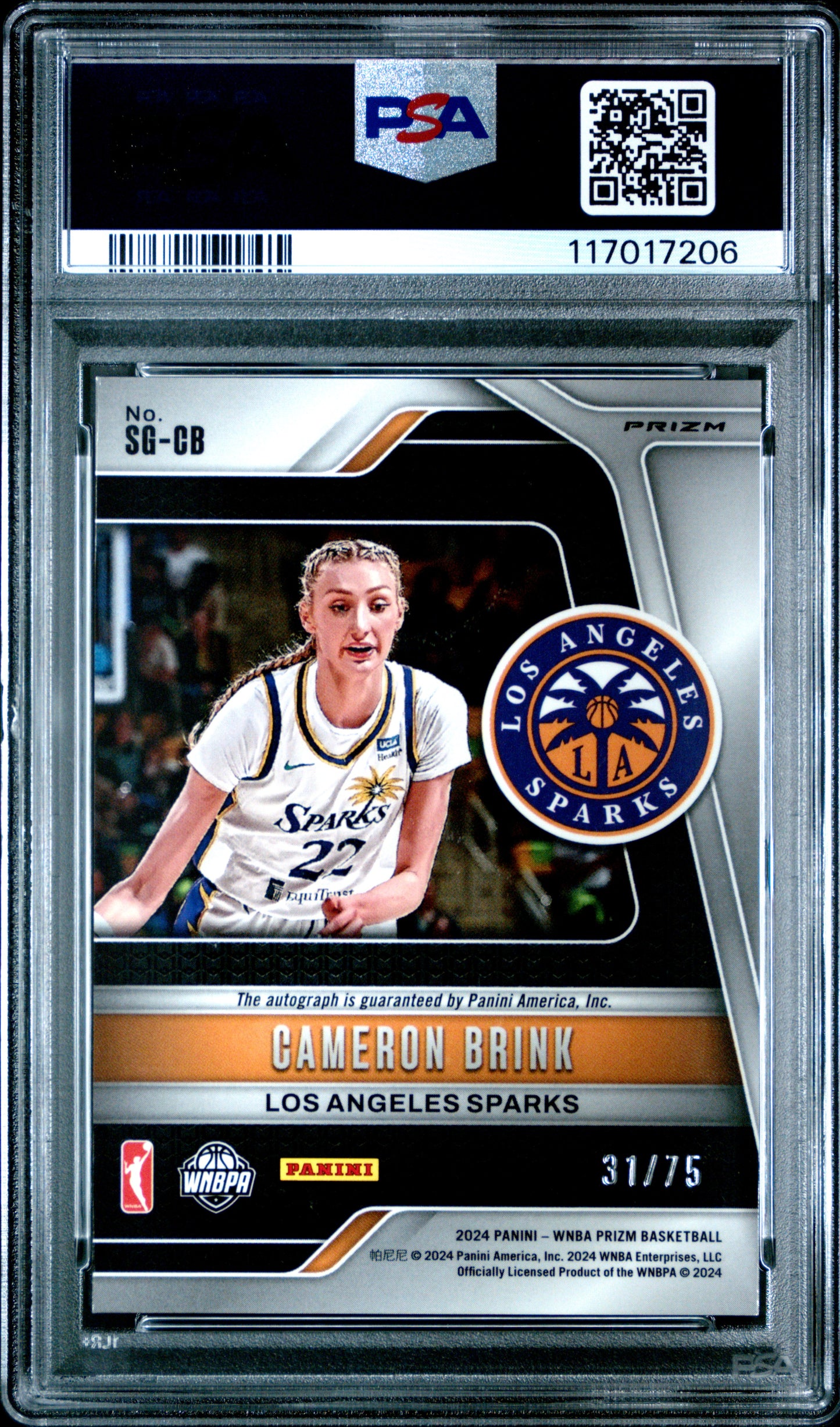 2024 Panini Prizm WNBA Signature Blue Prizm Auto /75 #SGCB Cameron Brink PSA 9