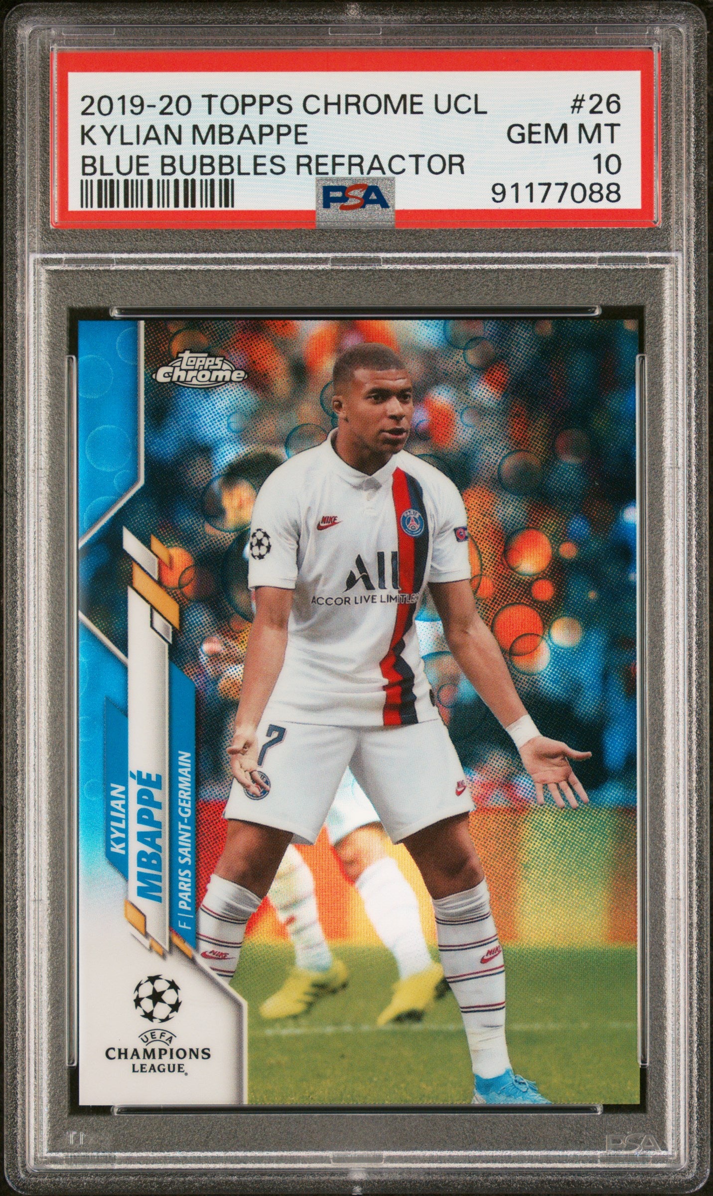 2019-20 Topps Chrome UEFA Champions League Blue Bubbles Refractor #26 Kylian Mbappe PSA 10