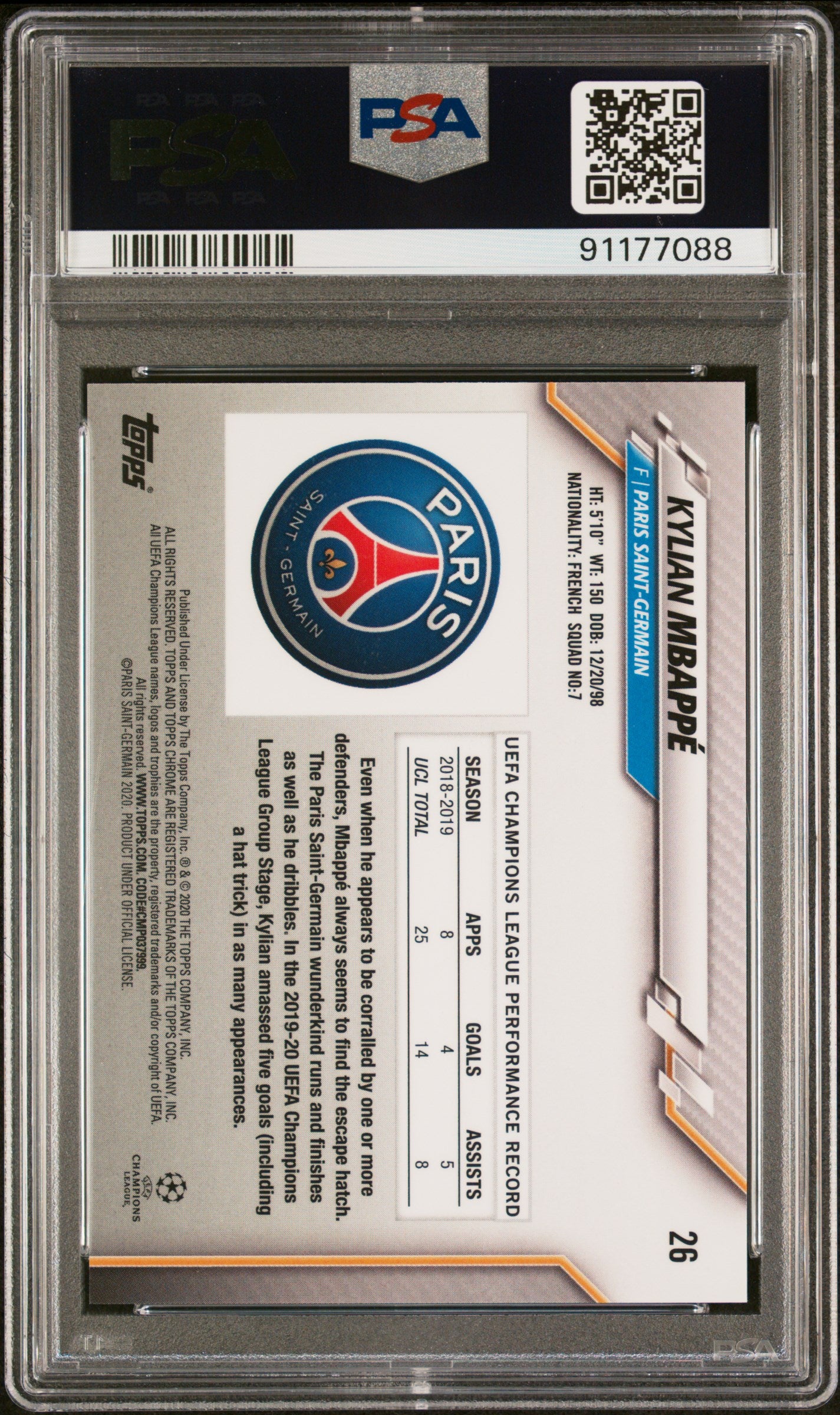 2019-20 Topps Chrome UEFA Champions League Blue Bubbles Refractor #26 Kylian Mbappe PSA 10