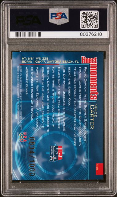 2000 Topps Finest Moments /1000 #FMR11 Vince Carter PSA 8 - Back